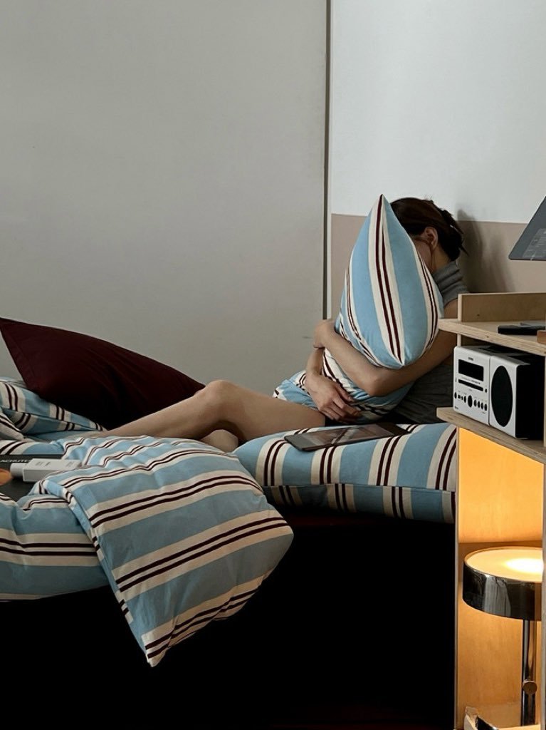 Bettwäsche-Set Retro Jersey Strick Blau Gestreift für Doppelbett mit Kissenbezügen und Spannbettlaken