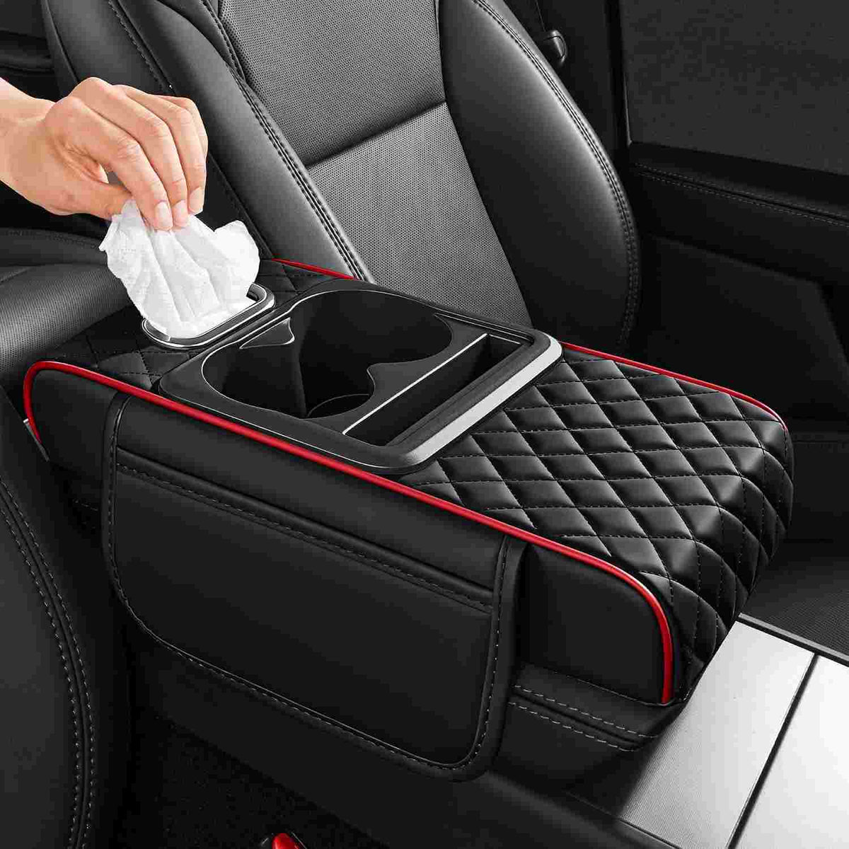 Luxury Nappa Leather Car Center Console Cushion with Dual Cup Holders & Storage - 2 Pack per Set