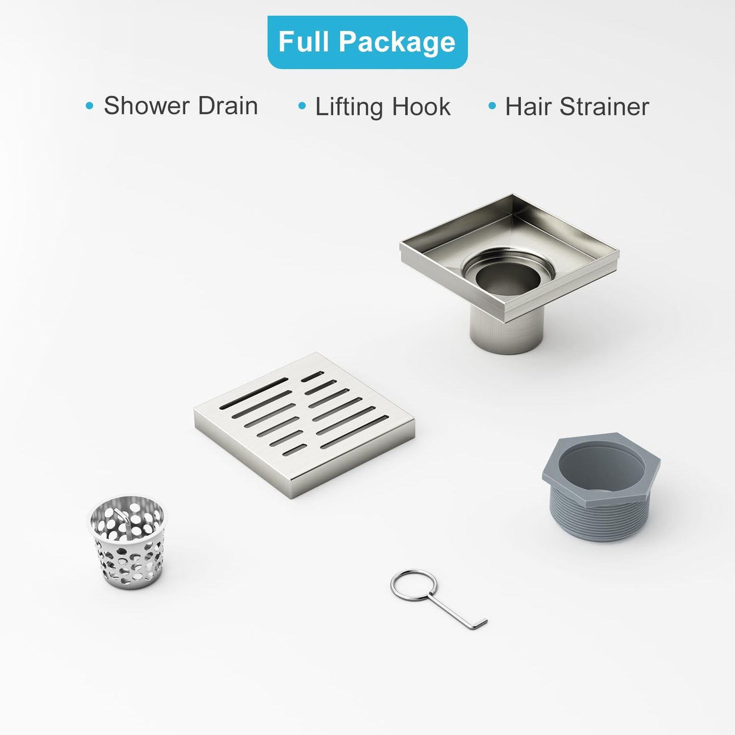 4 Inch Square Shower Drain, EMBATHER 304 Stainless Shower Floor Drain and Shower Drain Cover Included Hair Catcher and Leveling Feet, Brushed Nickel