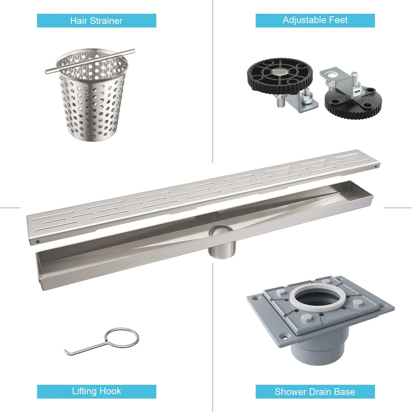 4 Inch Square Shower Drain, EMBATHER 304 Stainless Shower Floor Drain and Shower Drain Cover Included Hair Catcher and Leveling Feet, Brushed Nickel
