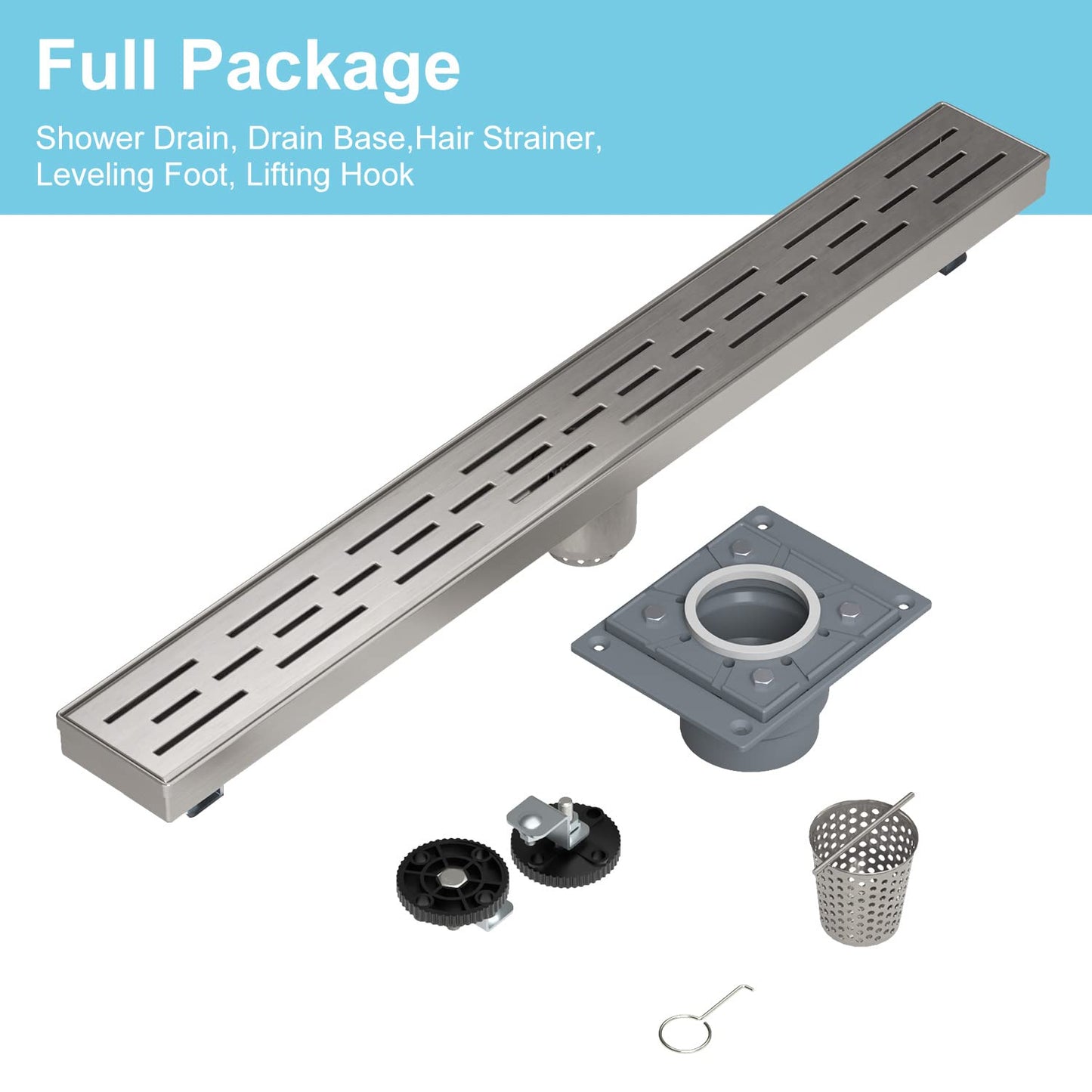 4 Inch Square Shower Drain, EMBATHER 304 Stainless Shower Floor Drain and Shower Drain Cover Included Hair Catcher and Leveling Feet, Brushed Nickel