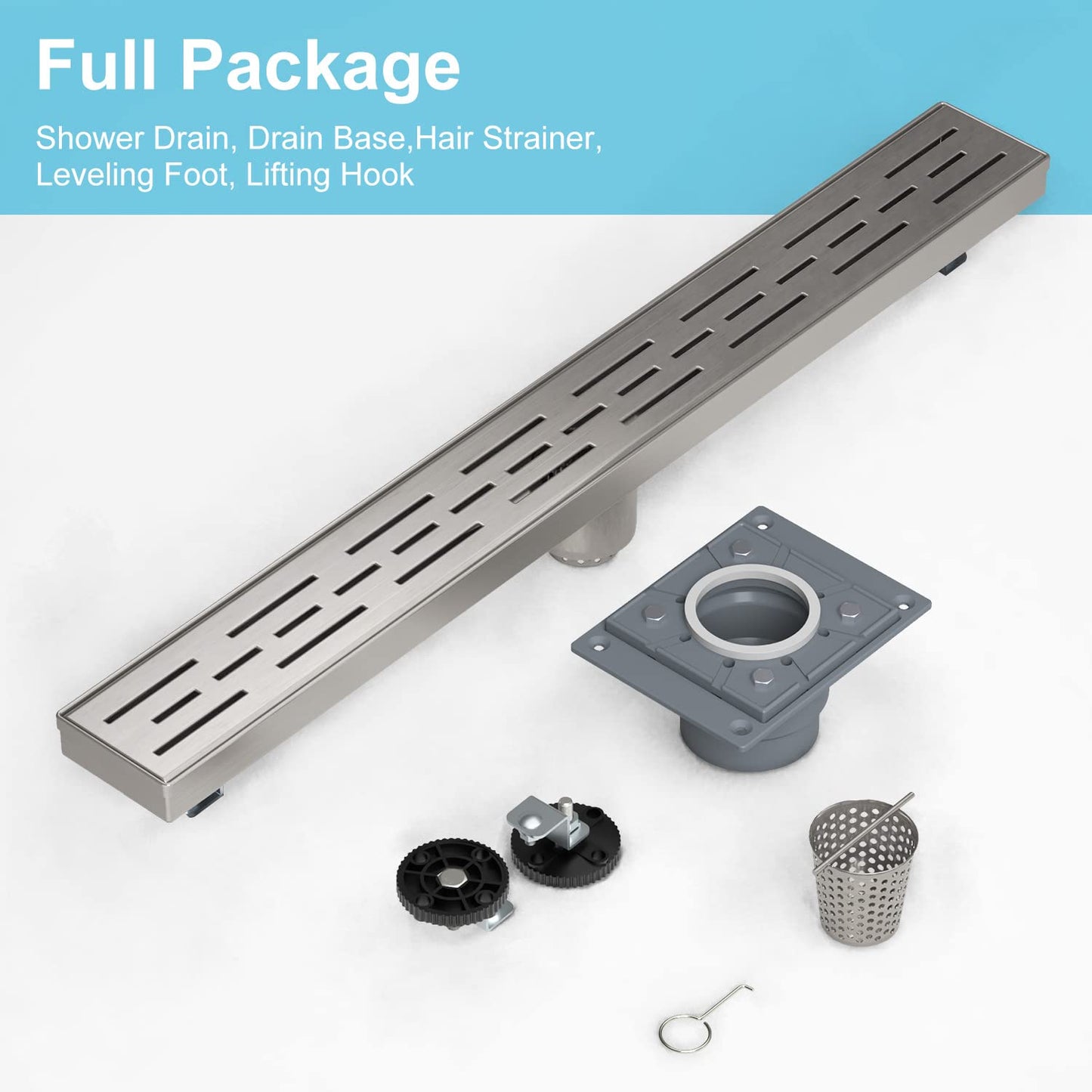 4 Inch Square Shower Drain, EMBATHER 304 Stainless Shower Floor Drain and Shower Drain Cover Included Hair Catcher and Leveling Feet, Brushed Nickel