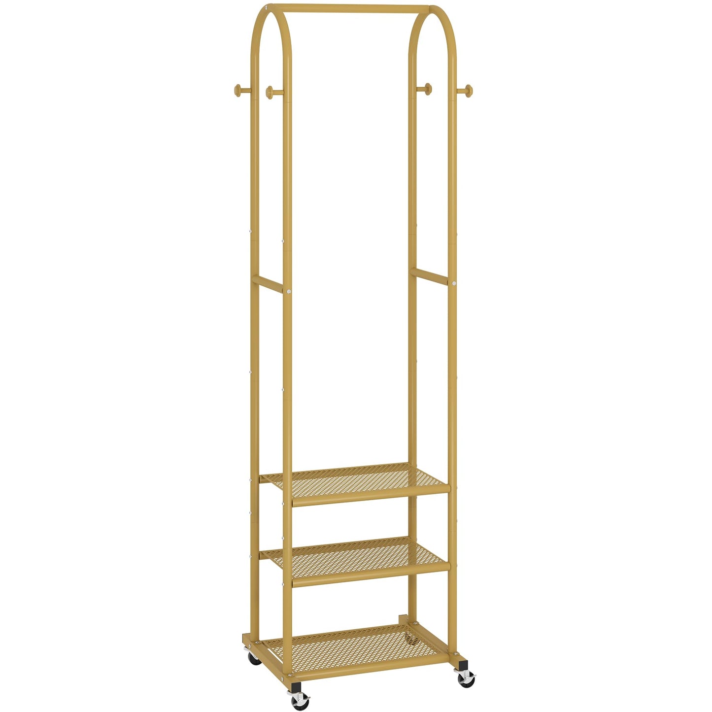 Schwerlast-Kleiderständer mit Rollen, Moderner Kleiderständer mit 3 Metallablagen, 182 cm großer Präsentationsständer zum Aufhängen von Kleidung, Kleiderstange für kleine Räume, Gold