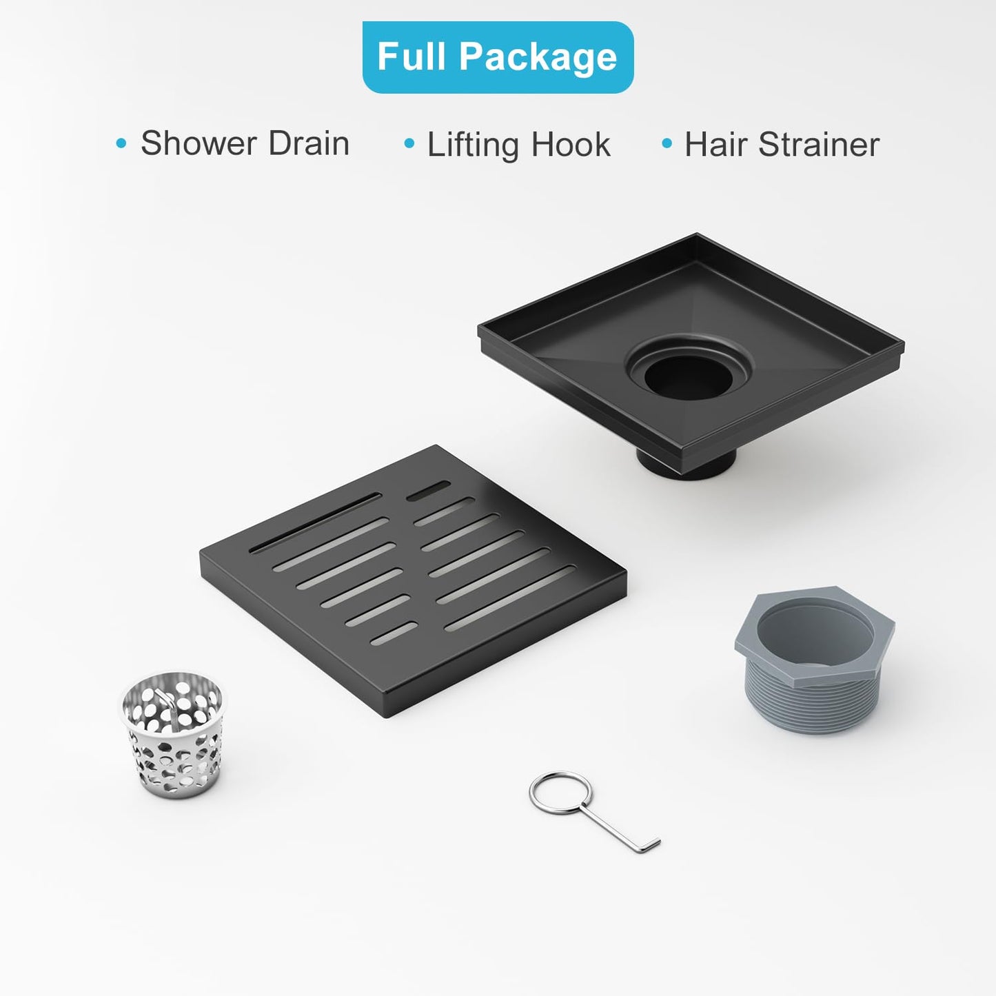 4 Inch Square Shower Drain, EMBATHER 304 Stainless Shower Floor Drain and Shower Drain Cover Included Hair Catcher and Leveling Feet, Brushed Nickel