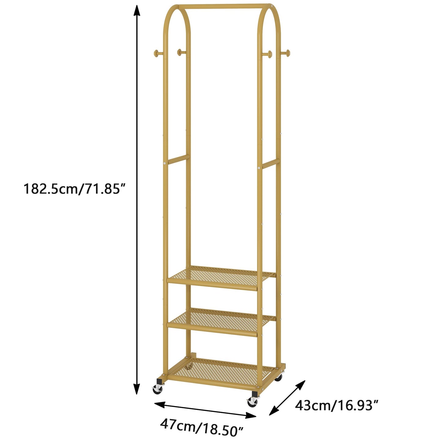 Schwerlast-Kleiderständer mit Rollen, Moderner Kleiderständer mit 3 Metallablagen, 182 cm großer Präsentationsständer zum Aufhängen von Kleidung, Kleiderstange für kleine Räume, Gold