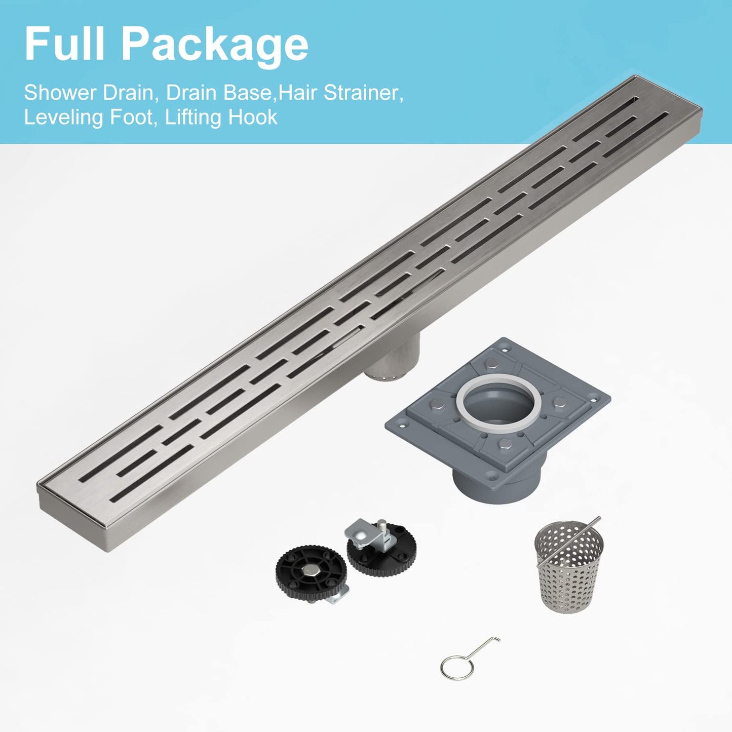 4 Inch Square Shower Drain, EMBATHER 304 Stainless Shower Floor Drain and Shower Drain Cover Included Hair Catcher and Leveling Feet, Brushed Nickel