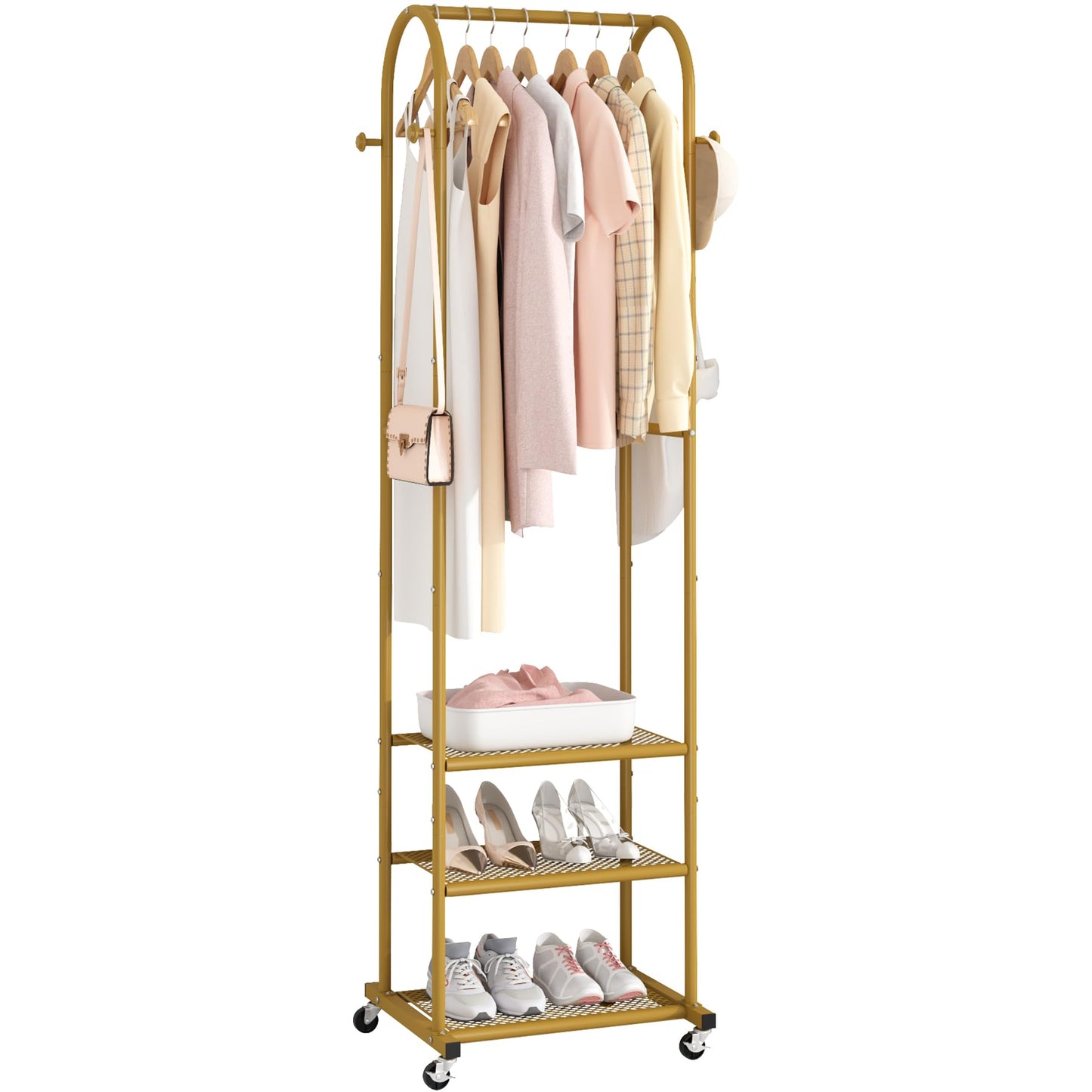 Schwerlast-Kleiderständer mit Rollen, Moderner Kleiderständer mit 3 Metallablagen, 182 cm großer Präsentationsständer zum Aufhängen von Kleidung, Kleiderstange für kleine Räume, Gold