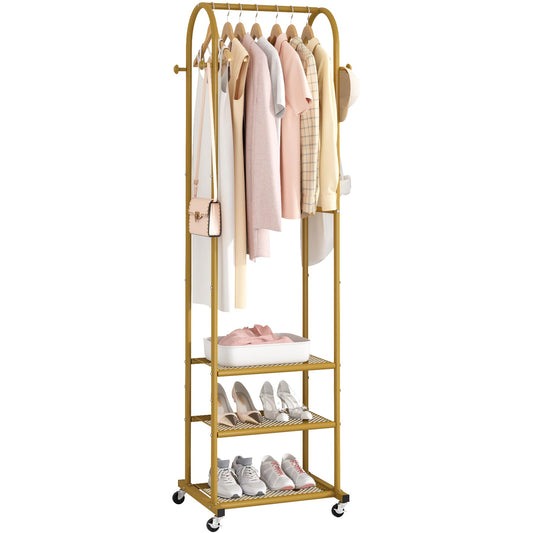 Schwerlast-Kleiderständer mit Rollen, Moderner Kleiderständer mit 3 Metallablagen, 182 cm großer Präsentationsständer zum Aufhängen von Kleidung, Kleiderstange für kleine Räume, Gold
