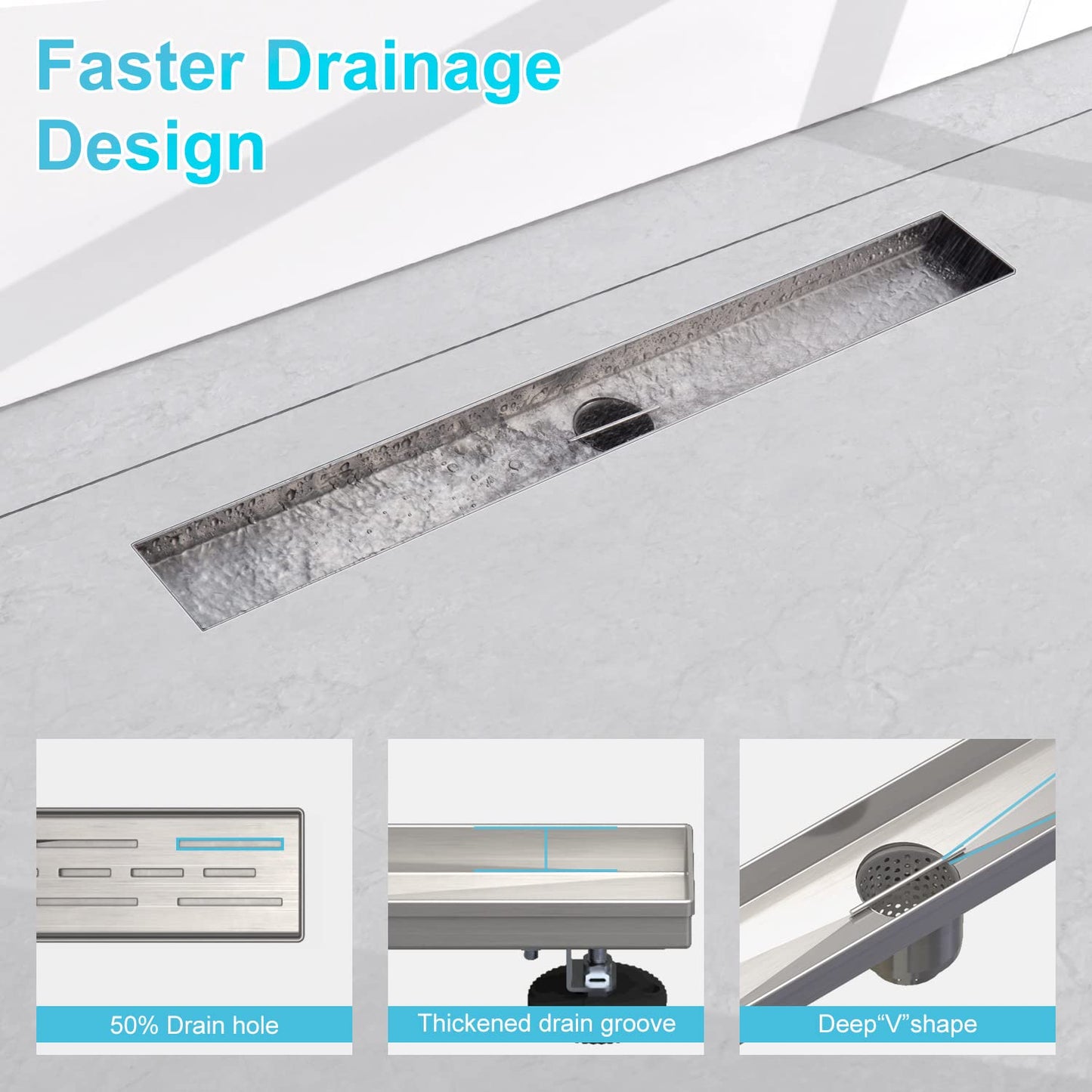 4 Inch Square Shower Drain, EMBATHER 304 Stainless Shower Floor Drain and Shower Drain Cover Included Hair Catcher and Leveling Feet, Brushed Nickel