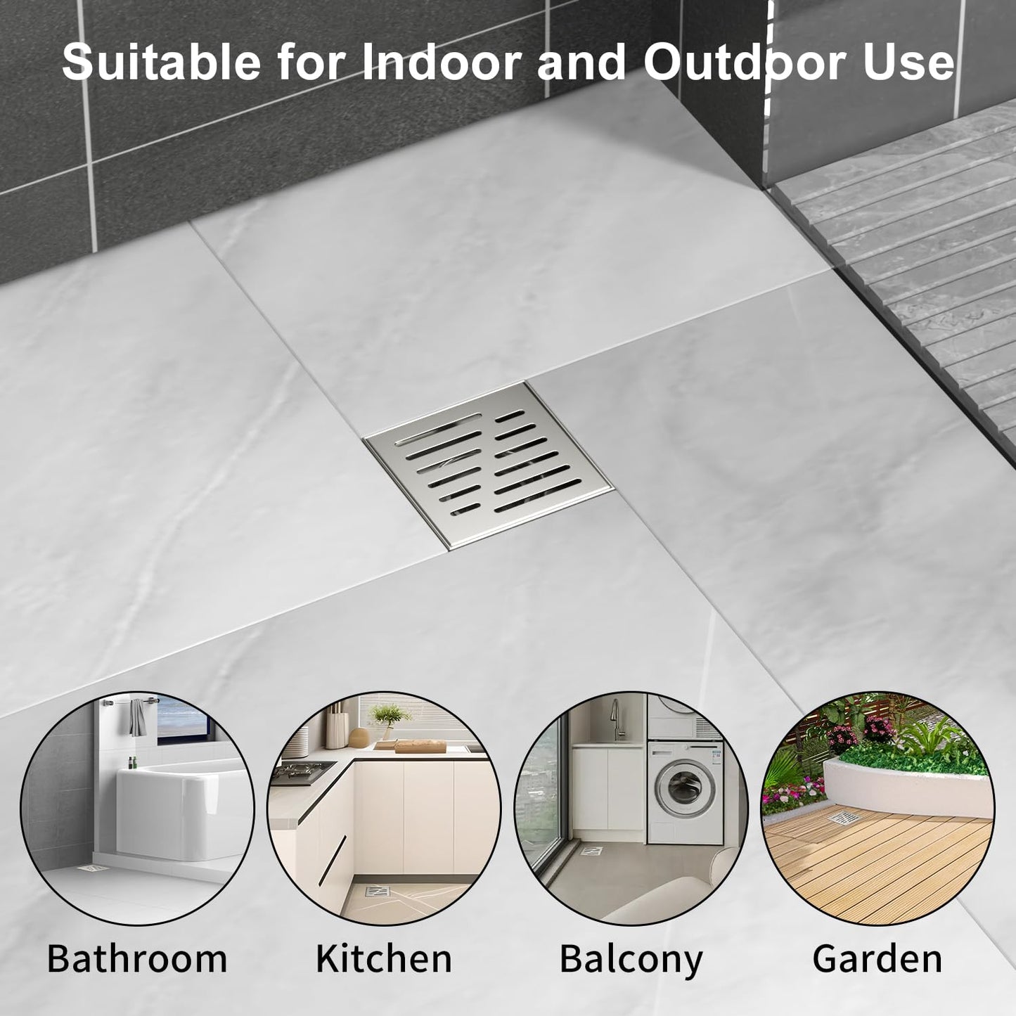 4 Inch Square Shower Drain, EMBATHER 304 Stainless Shower Floor Drain and Shower Drain Cover Included Hair Catcher and Leveling Feet, Brushed Nickel
