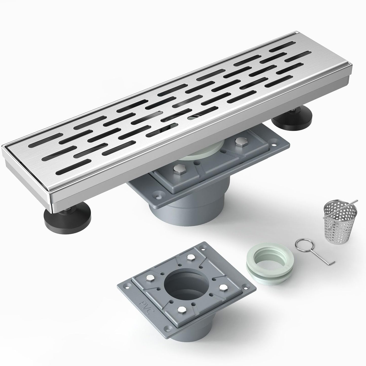 4 Inch Square Shower Drain, EMBATHER 304 Stainless Shower Floor Drain and Shower Drain Cover Included Hair Catcher and Leveling Feet, Brushed Nickel