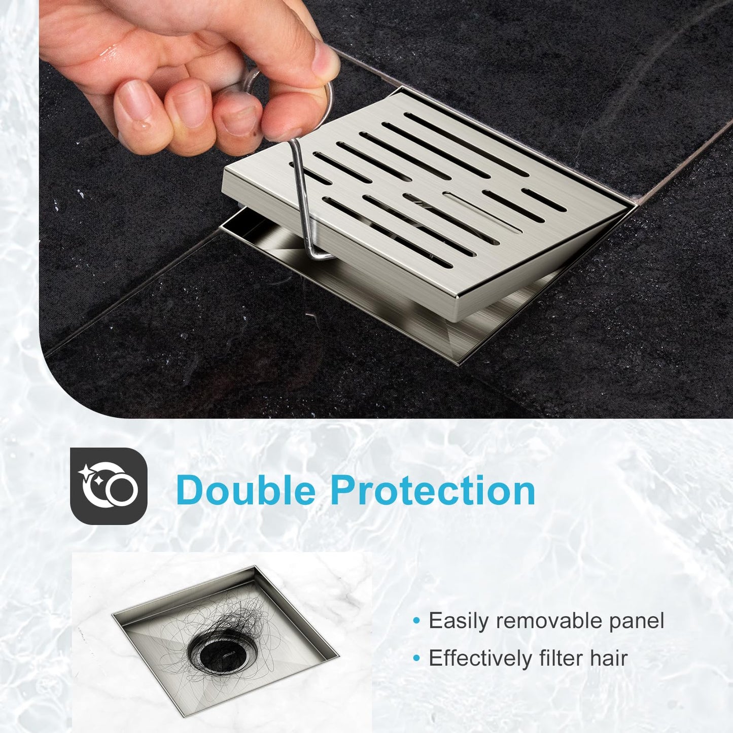4 Inch Square Shower Drain, EMBATHER 304 Stainless Shower Floor Drain and Shower Drain Cover Included Hair Catcher and Leveling Feet, Brushed Nickel
