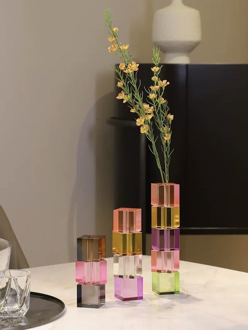 Moderne Kristallwürfel-Knospenvase – Dopamin-Regenbogen-Glas-Tisch-Mittelstück