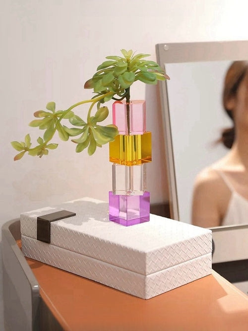 Moderne Kristallwürfel-Knospenvase – Dopamin-Regenbogen-Glas-Tisch-Mittelstück