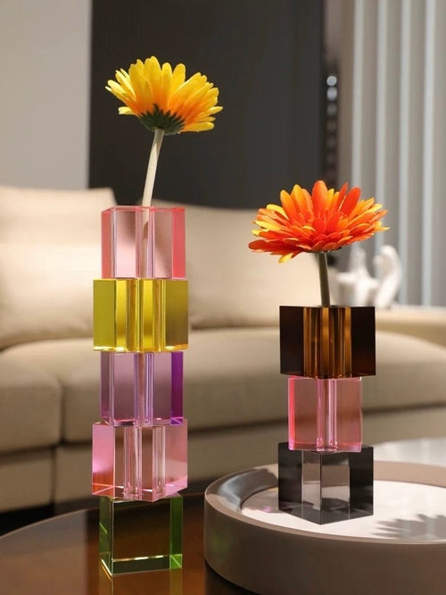 Moderne Kristallwürfel-Knospenvase – Dopamin-Regenbogen-Glas-Tisch-Mittelstück