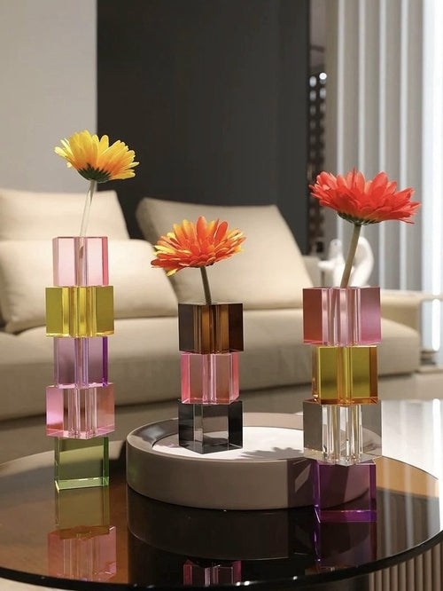Moderne Kristallwürfel-Knospenvase – Dopamin-Regenbogen-Glas-Tisch-Mittelstück