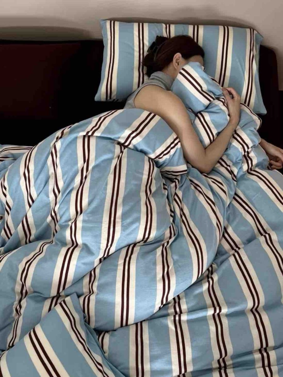 Bettwäsche-Set Retro Jersey Strick Blau Gestreift für Doppelbett mit Kissenbezügen und Spannbettlaken