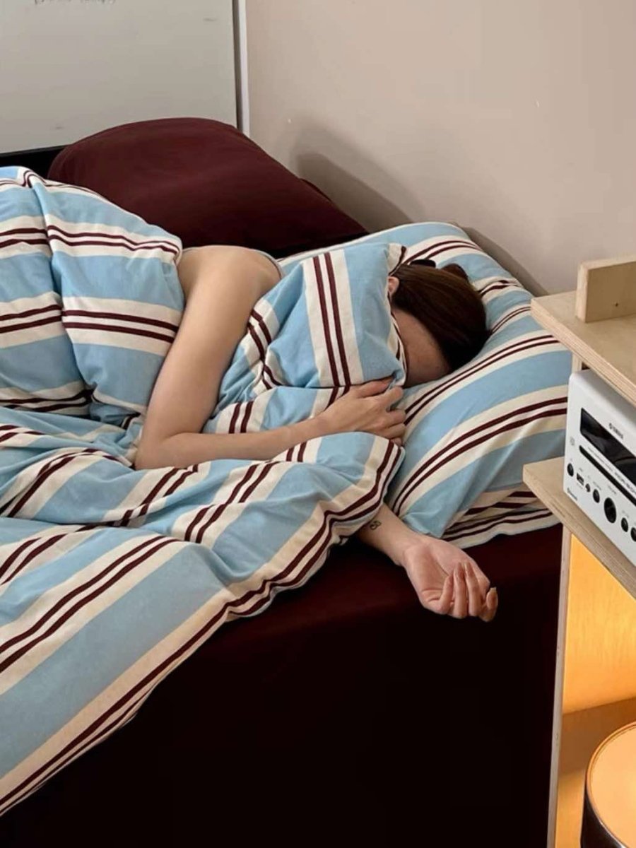 Bettwäsche-Set Retro Jersey Strick Blau Gestreift für Doppelbett mit Kissenbezügen und Spannbettlaken