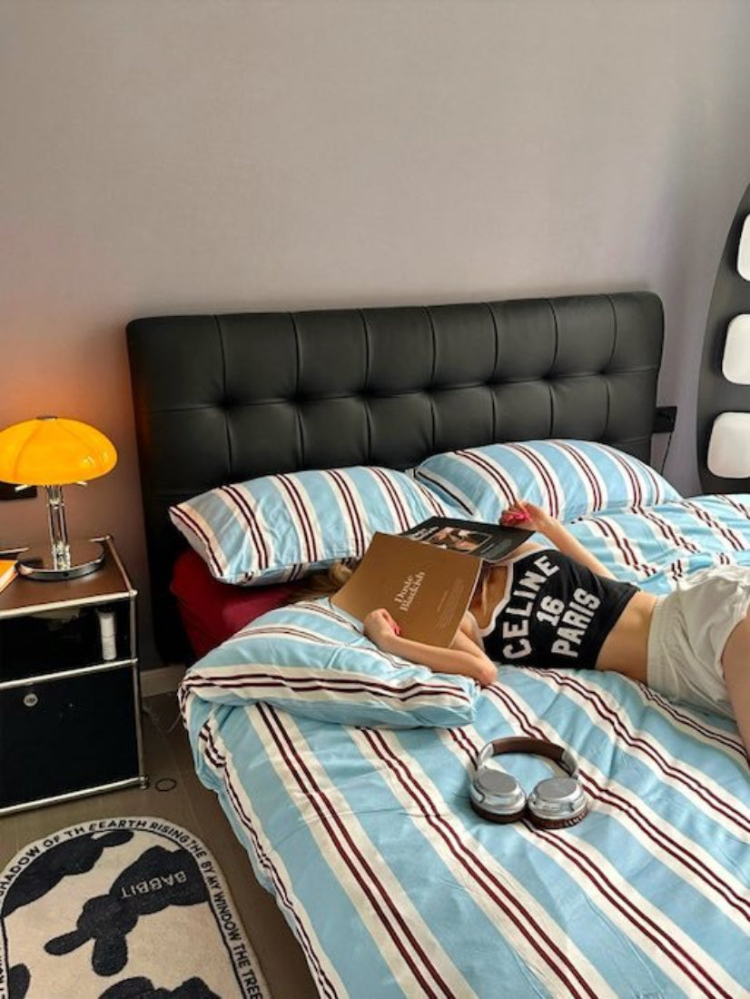 Bettwäsche-Set Retro Jersey Strick Blau Gestreift für Doppelbett mit Kissenbezügen und Spannbettlaken